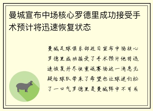 曼城宣布中场核心罗德里成功接受手术预计将迅速恢复状态 曼城宣布中场核心罗德里成功接受手术预计将迅速恢复状态