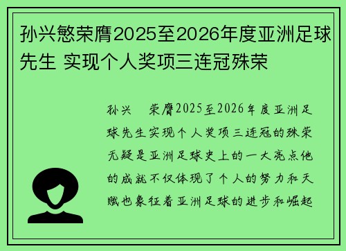 孙兴慜荣膺2025至2026年度亚洲足球先生 实现个人奖项三连冠殊荣 孙兴慜荣膺2025至2026年度亚洲足球先生 实现个人奖项三连冠殊荣