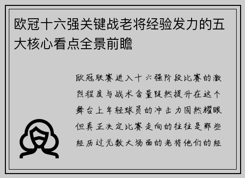 欧冠十六强关键战老将经验发力的五大核心看点全景前瞻